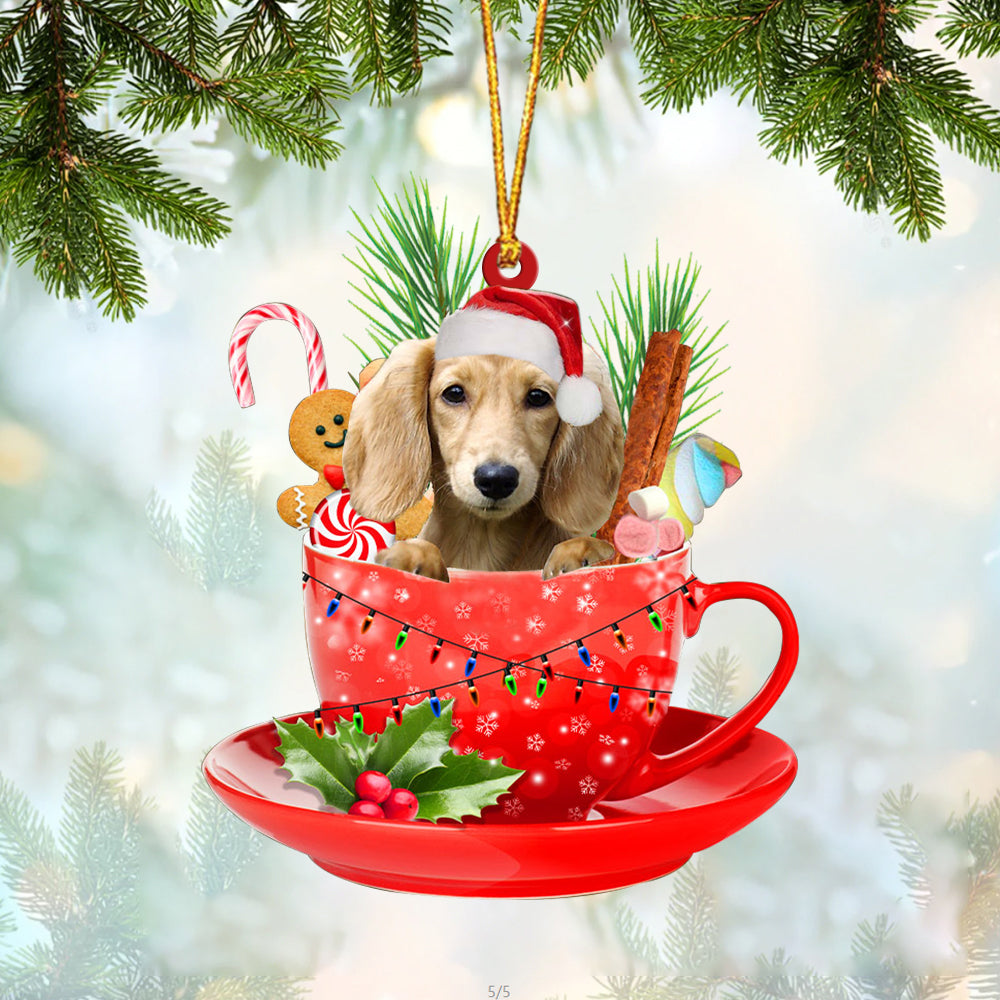 CREAM Long haired Dachshund In Cup Merry Christmas Ornament Flat Acrylic Dog Ornament