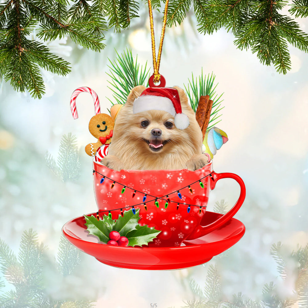 CREAM Pomeranian In Cup Merry Christmas Ornament Flat Acrylic Dog Ornament