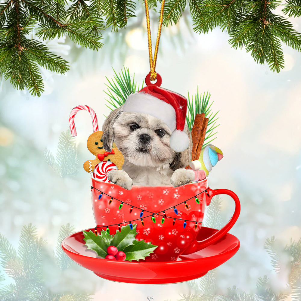 CREAM Shih Tzu In Cup Merry Christmas Ornament Flat Acrylic Dog Ornament