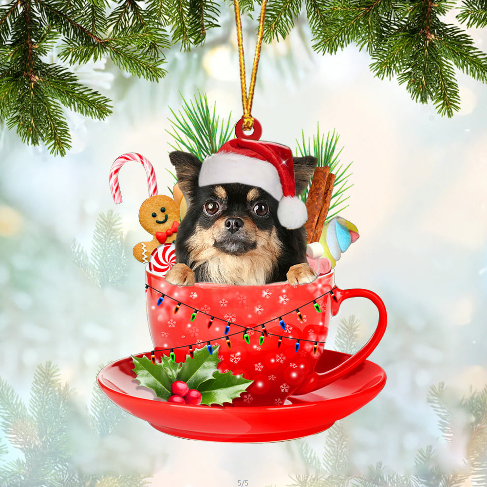 Chihuahua Long haired In Cup Merry Christmas Ornament Flat Acrylic Dog Ornament