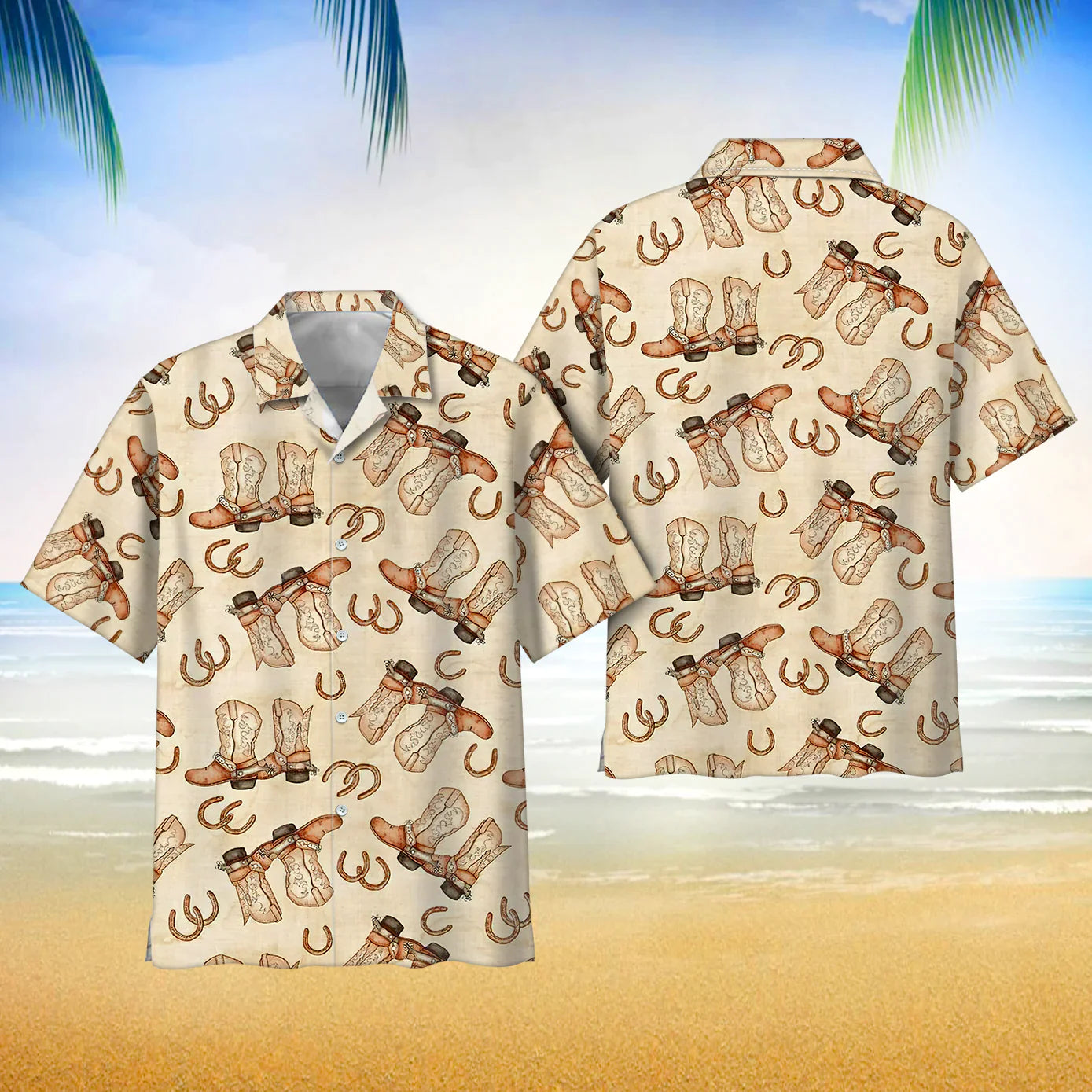 Cowboy Boots And Horse Shoes Vintage Background Hawaii Shirt Button Down Short Sleeves Hawaiian Full Print Shirt