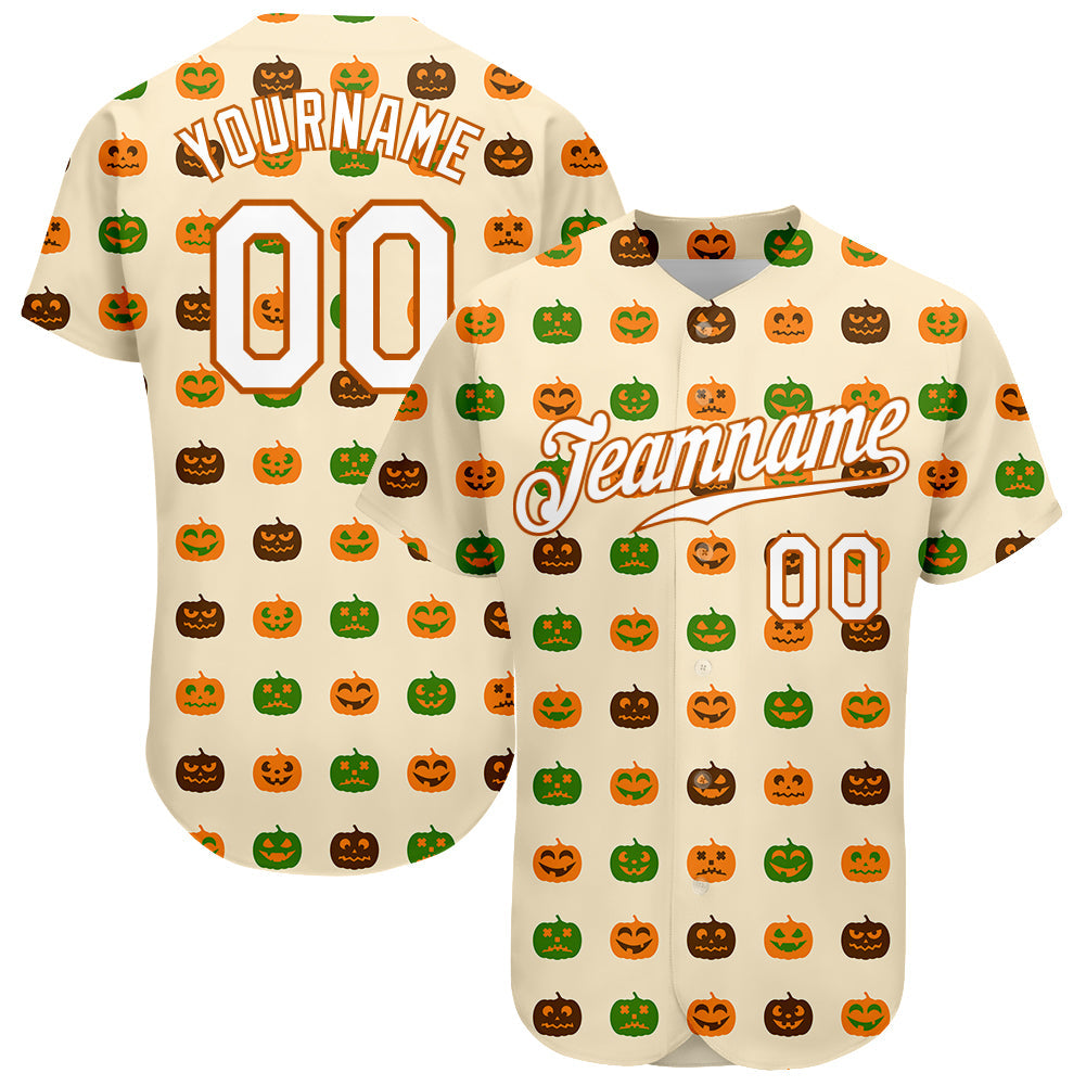 Custom White White-Texas Orange 3D Pattern Design Halloween Pumpkins Funny Faces Baseball Jersey