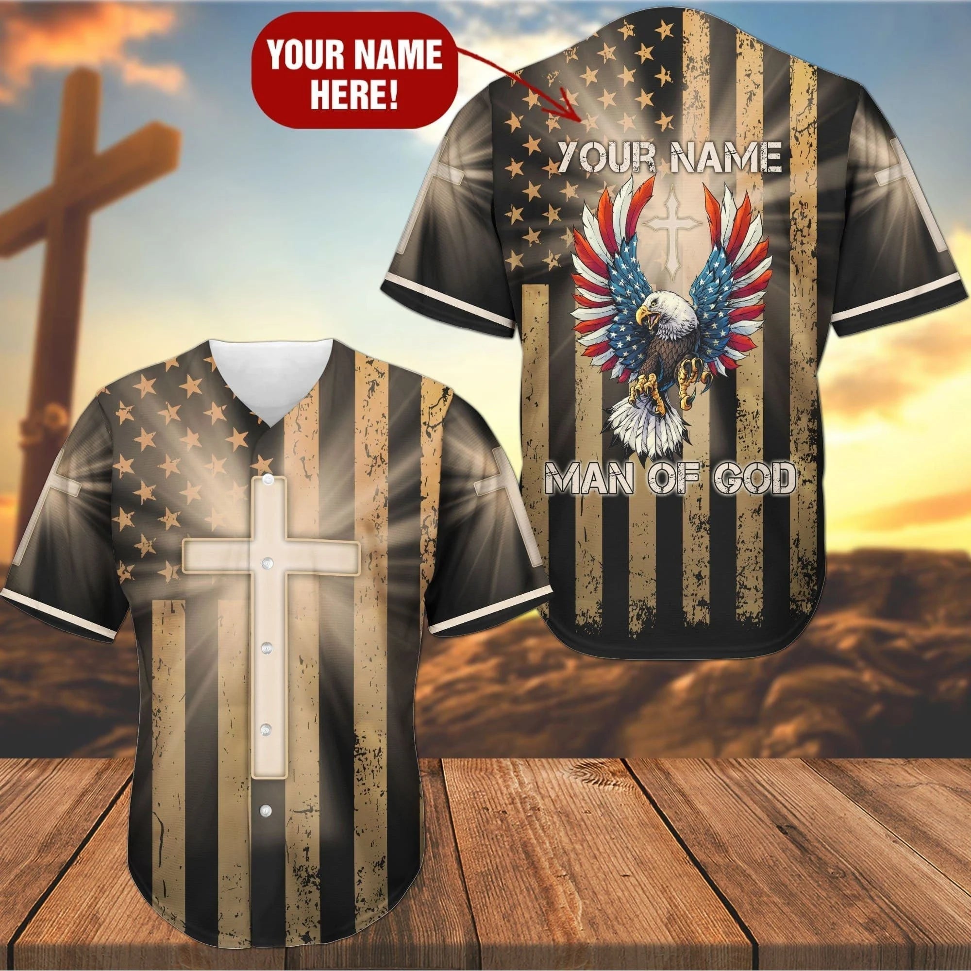 Cross America Flag Eagle Baseball Jersey - Man Of God Custom Baseball Jersey For Men Women