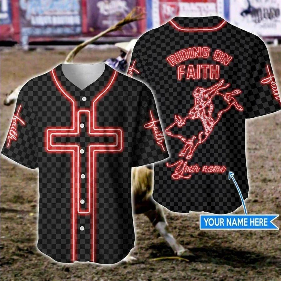 Cross/ Bull Riding Baseball Jersey - Bull Riding On Faith Custom Baseball Jersey Shirt