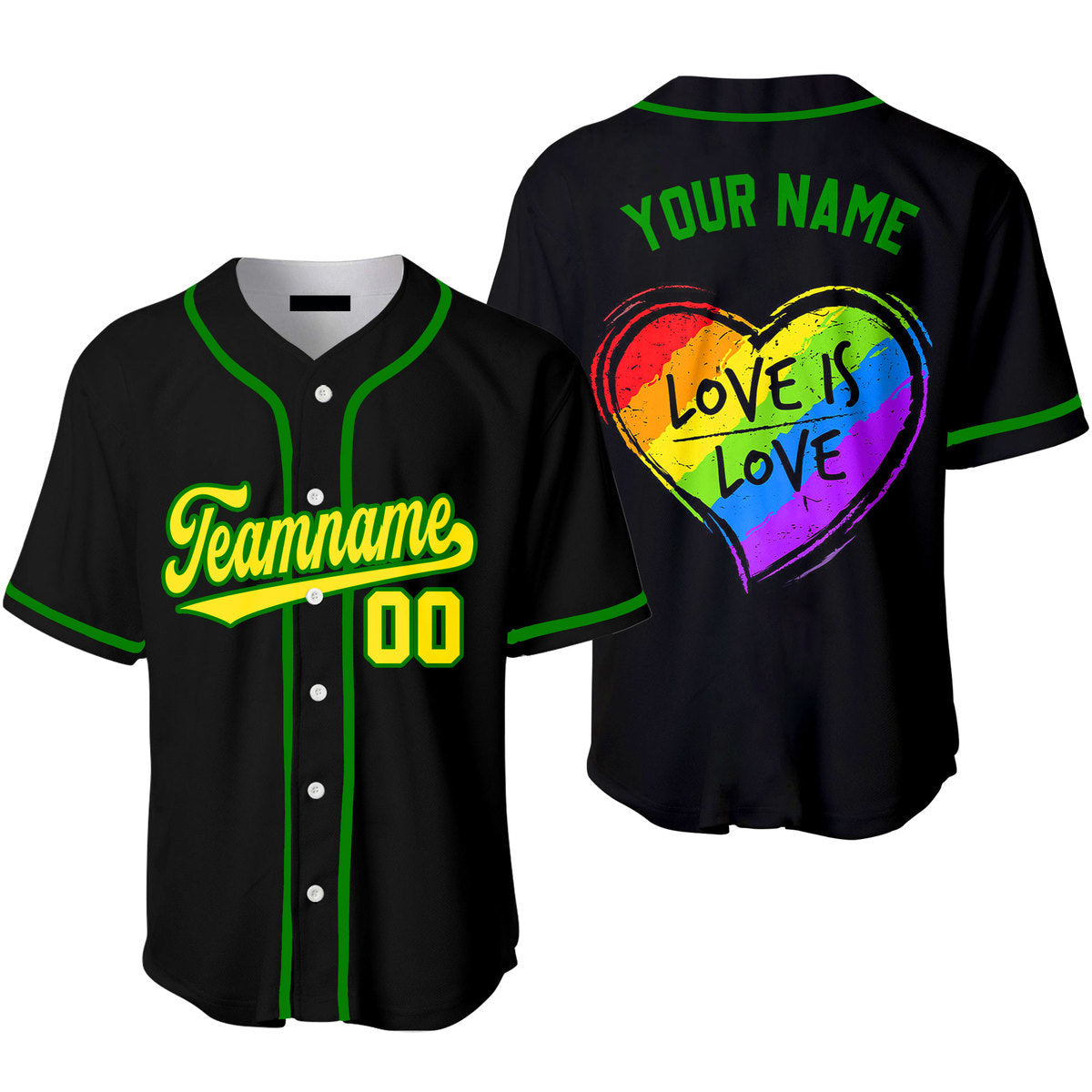 Custom Love Is Love Rainbow Heart Pride Yellow Green Baseball Jerseys For Men & Women