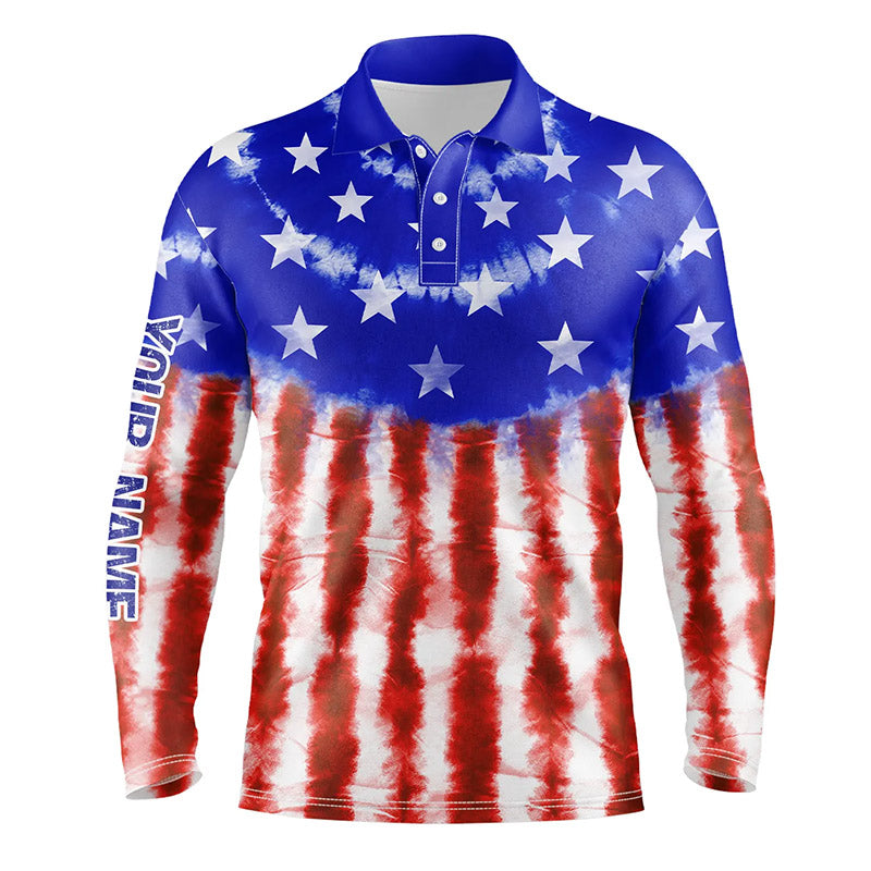 Custom American Flag Black Bowling Long Sleeve Polo Shirts For Men/ Patriotic Bowling Tournament Jerseys