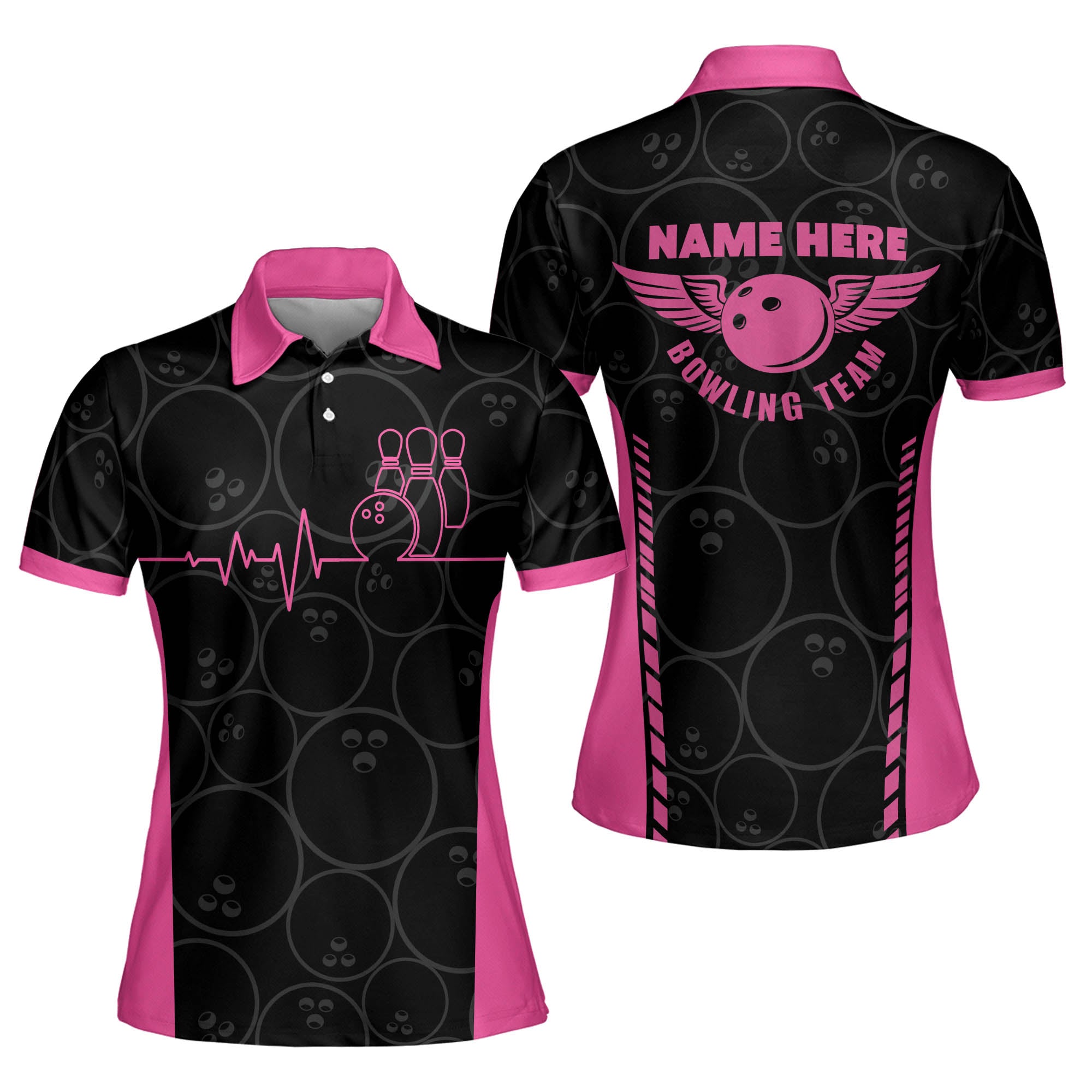 Funny Heartbeat Pulse Line Pink Bowling Shirts for Women/ Gift for Team Bowling