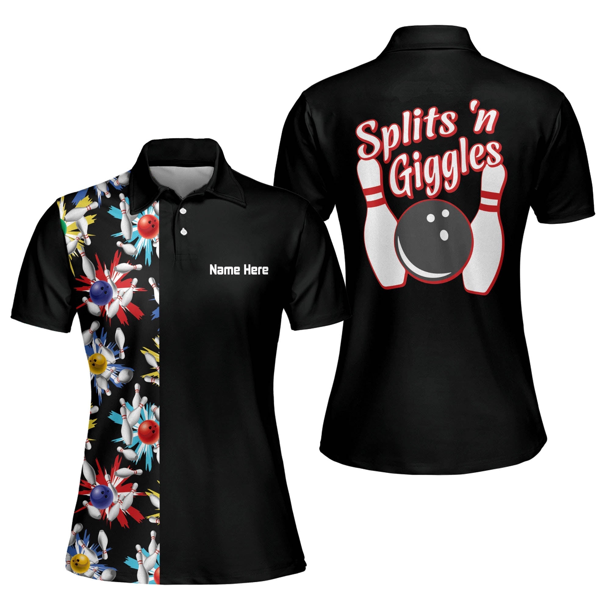Personalized Splits ''n Giggles Black Bowling Women Polo Shirt/ Gift for Bowler