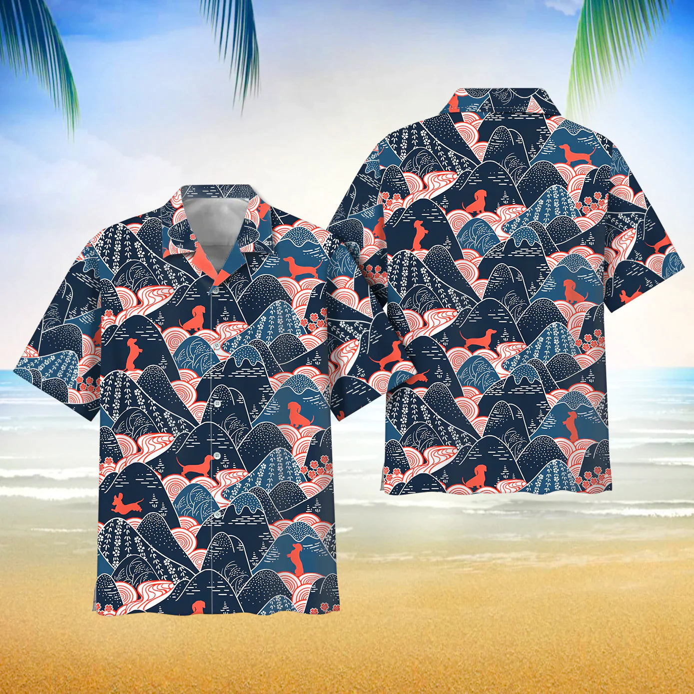 Dachshund Dog Oriental Mountains Fabric Pattern Hawaii Shirt Button Down Short Sleeves Hawaiian Full Print Shirt