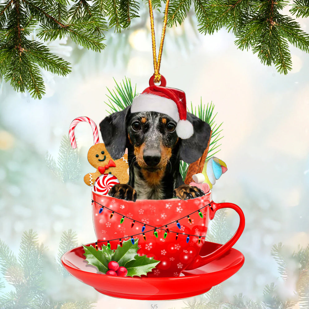 Dapple Dachshund In Cup Merry Christmas Ornament Flat Acrylic Dog Ornament
