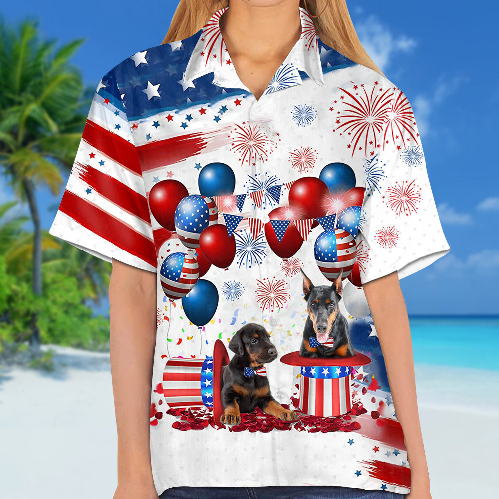 Doberman Independence Day Hawaiian Shirt/ Dog Hawaii Beach Shirt Short Sleeve For 4Th Of July