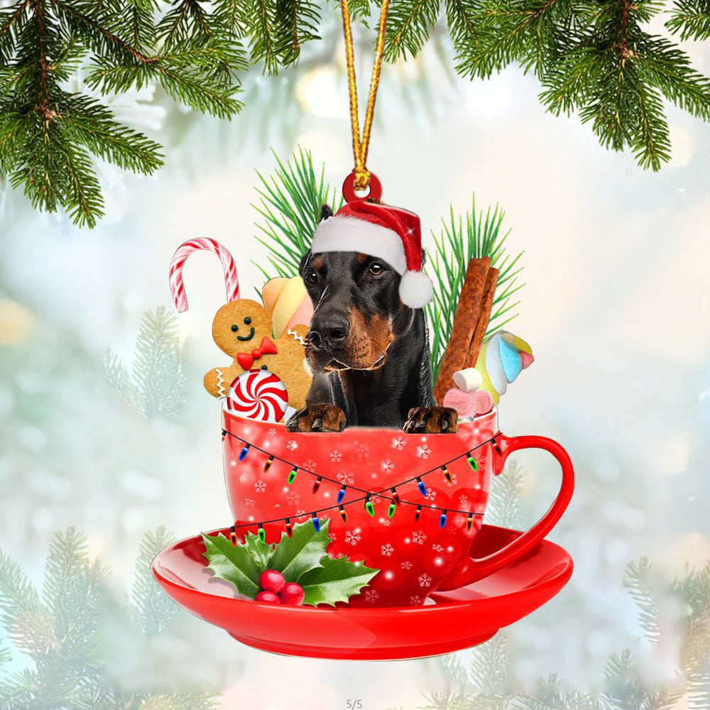 Dobermann In Cup Merry Christmas Ornament Flat Acrylic Dog Ornament