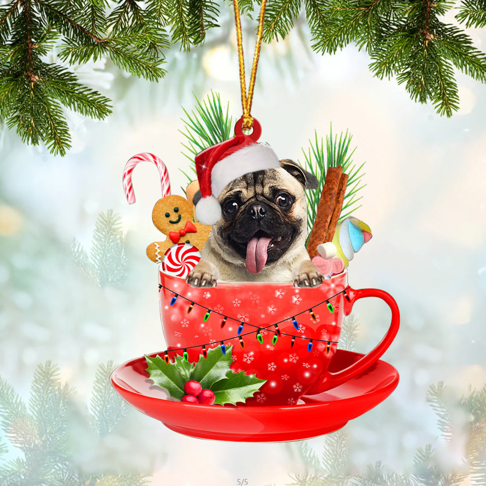 FAWN Pug In Cup Merry Christmas Ornament Flat Acrylic Dog Ornament