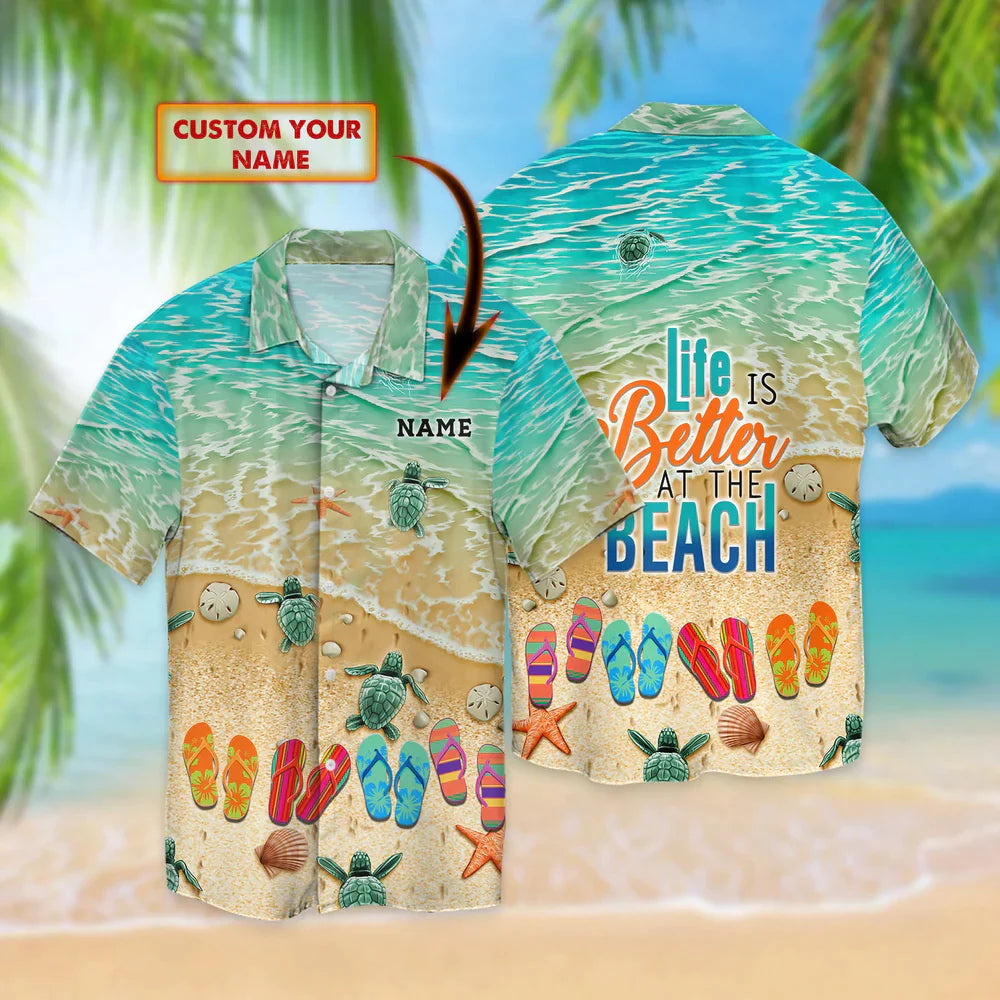 Flip Flop And Beach Hawaii Shirt - Personalized Name 3D Hawaiian