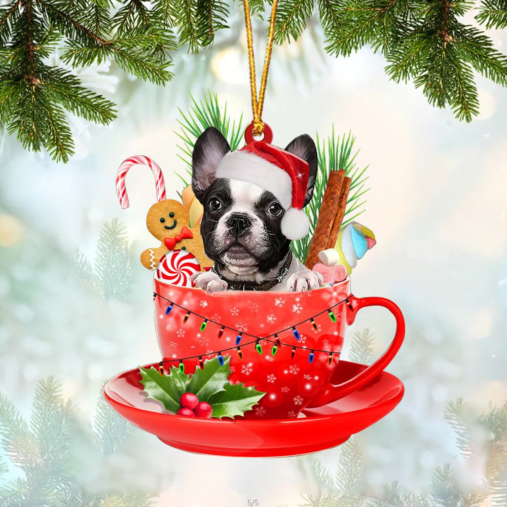 French Bulldog In Cup Merry Christmas Ornament Flat Acrylic Dog Ornament