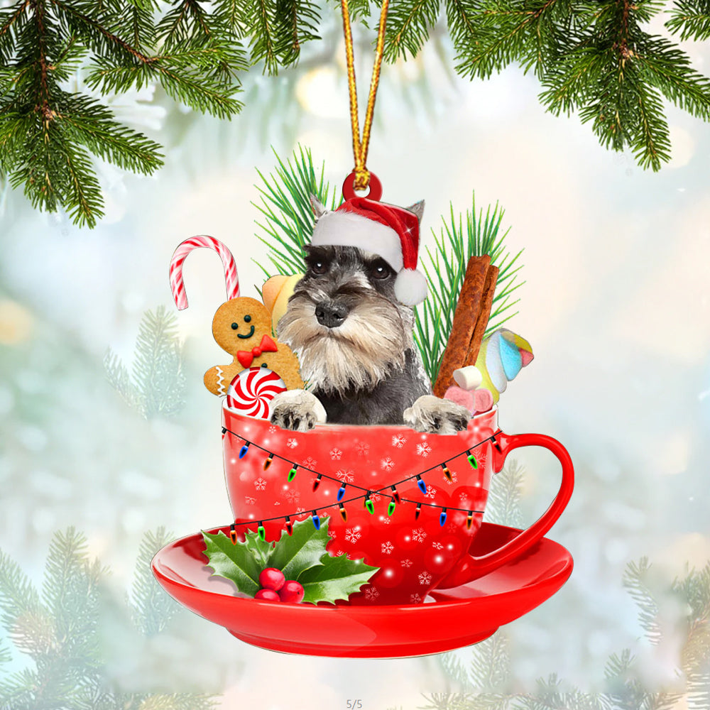 GREY Miniature Schnauzer In Cup Merry Christmas Ornament Flat Acrylic Dog Ornament