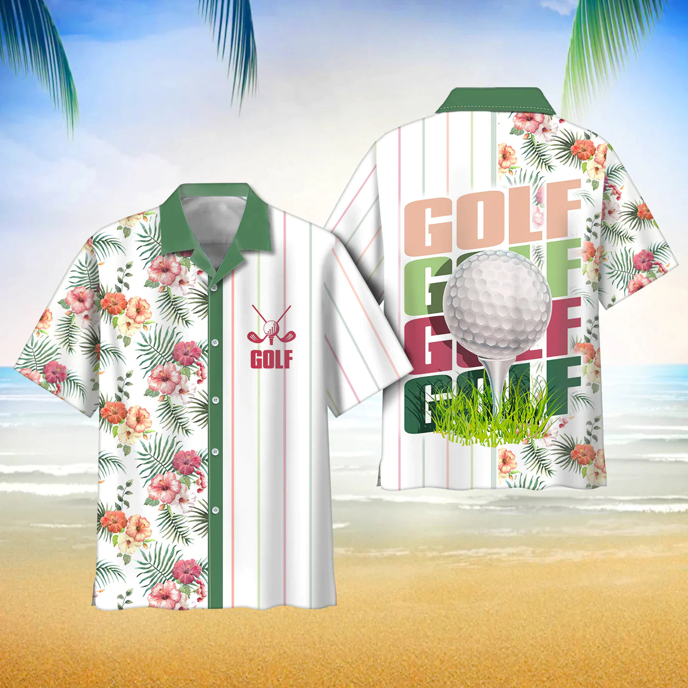 Golf Hibiscus Pattern Hawaii Shirt Button Down Short Sleeves Hawaiian Full Print Shirt