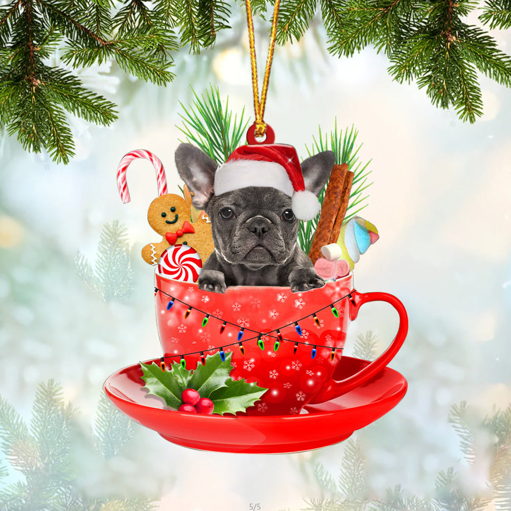 Grey French Bulldog In Cup Merry Christmas Ornament Flat Acrylic Dog Ornament