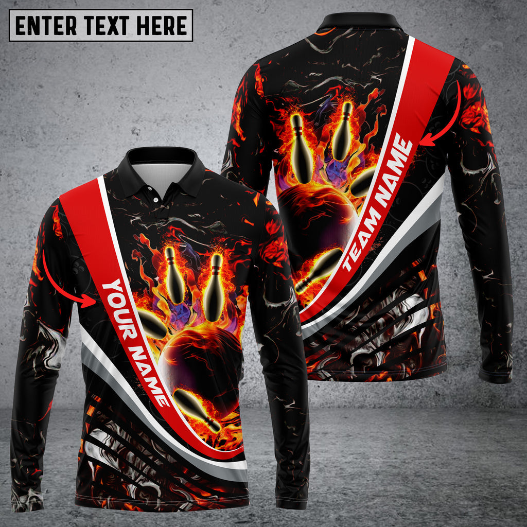 Flaming Magma Bowling And Pins Multicolor Option Customized Name Long Sleeve 3D Shirt