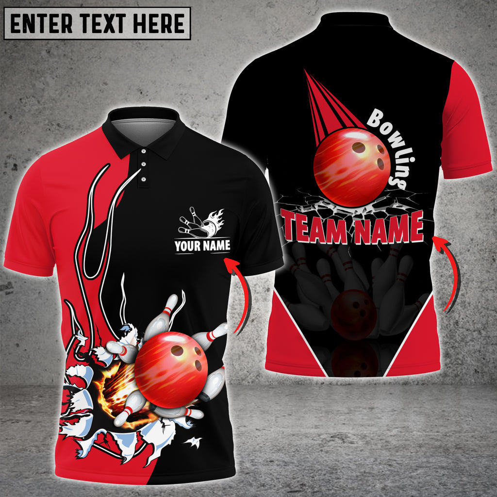 Red Bowling And Pins Flame Thunder Pattern Customized Name 3D Shirt