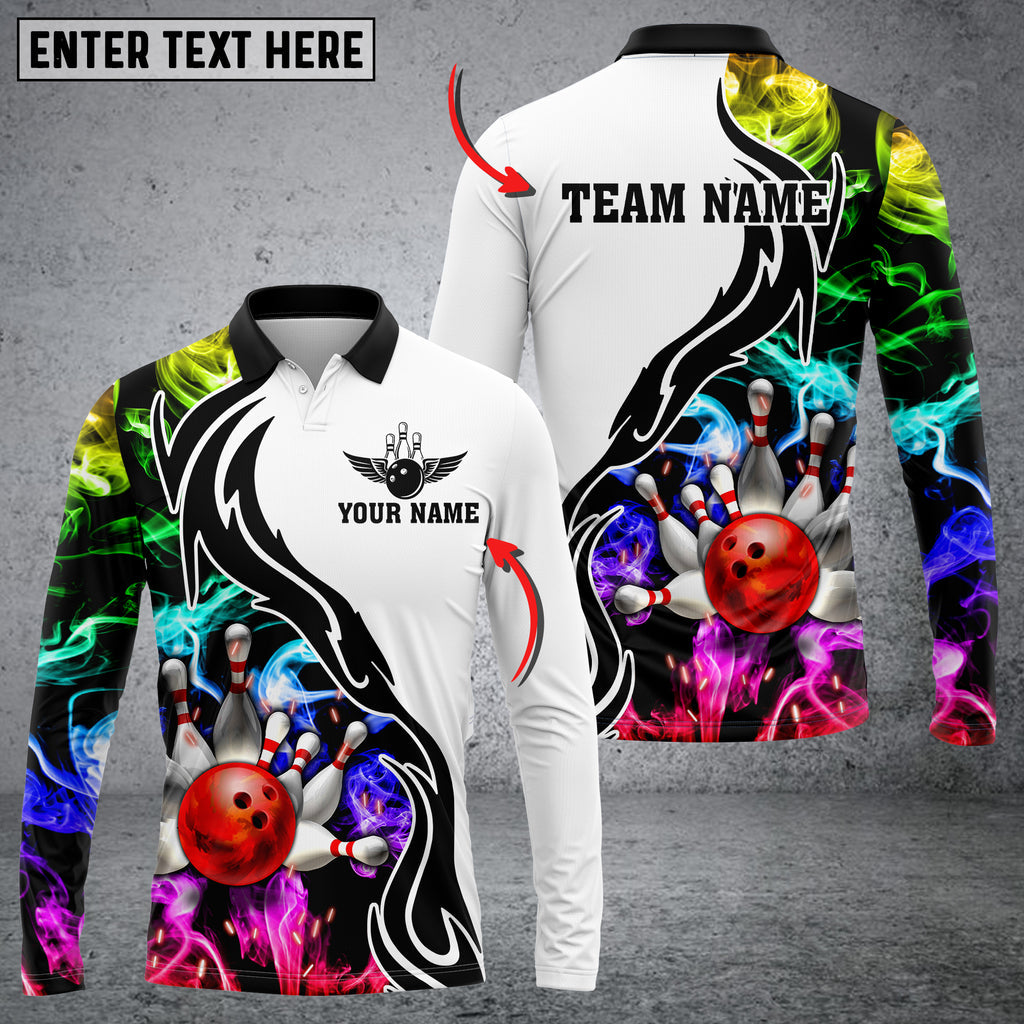 Bowling And Pins Multicolor Smoke Pattern Customized Name Long Sleeve 3D Polo Shirt/ Gift for Bowler