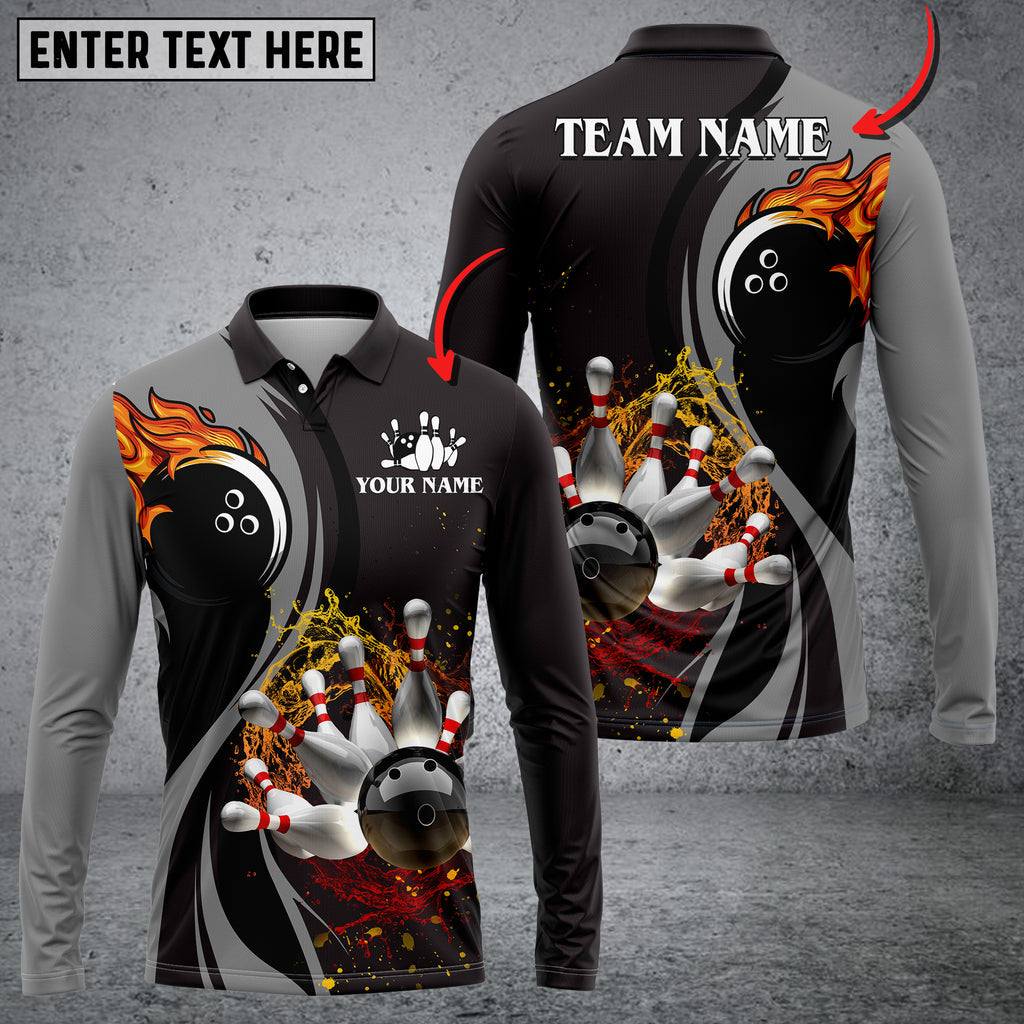 Bowling And Pins Water Flow Multicolor Option Customized Name Long Sleeve 3D Polo Shirt