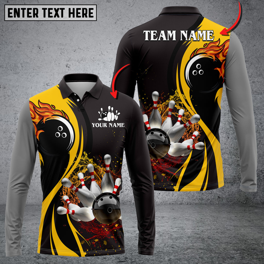 Bowling And Pins Water Flow Multicolor Option Customized Name Long Sleeve 3D Polo Shirt