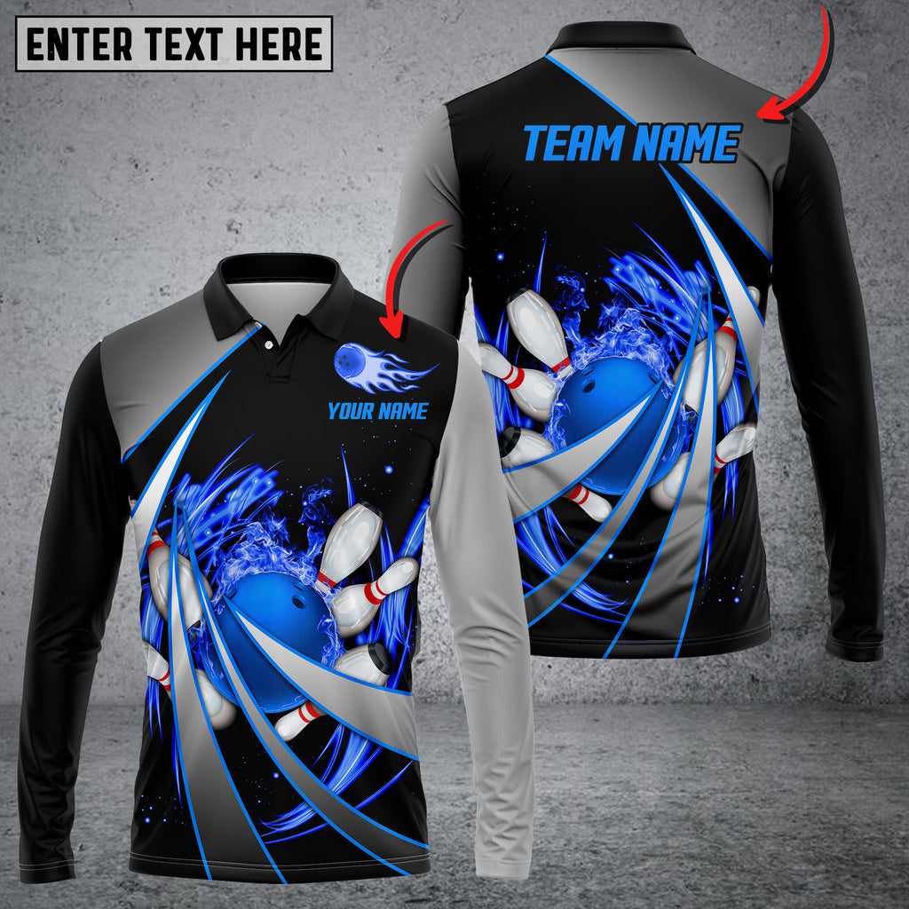 Flame Bowling And Pins Tornado Pattern Multicolor Option Customized Name Long Sleeve 3D Shirt/ Idea Gift Bowling Shirt