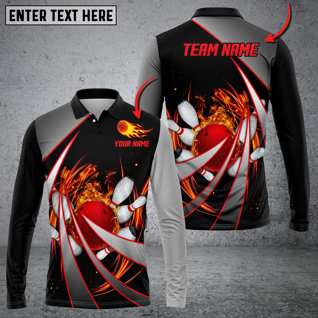 Flame Bowling And Pins Tornado Pattern Multicolor Option Customized Name Long Sleeve 3D Shirt/ Idea Gift Bowling Shirt