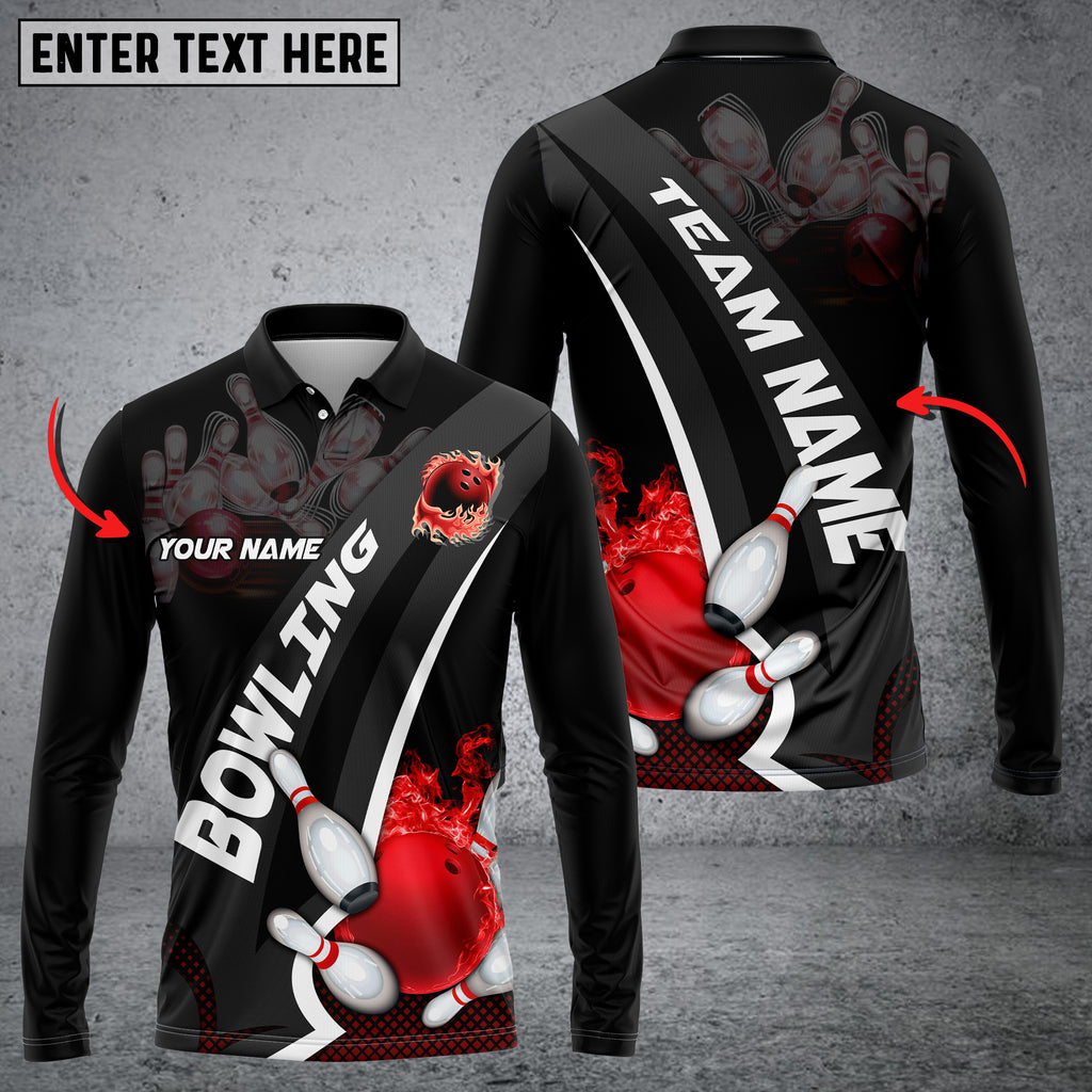 Custom Bowling And Pins Plame Premium Multicolor Option Personalized Name Long Sleeve 3D Shirt/ Bowling Polo Shirt