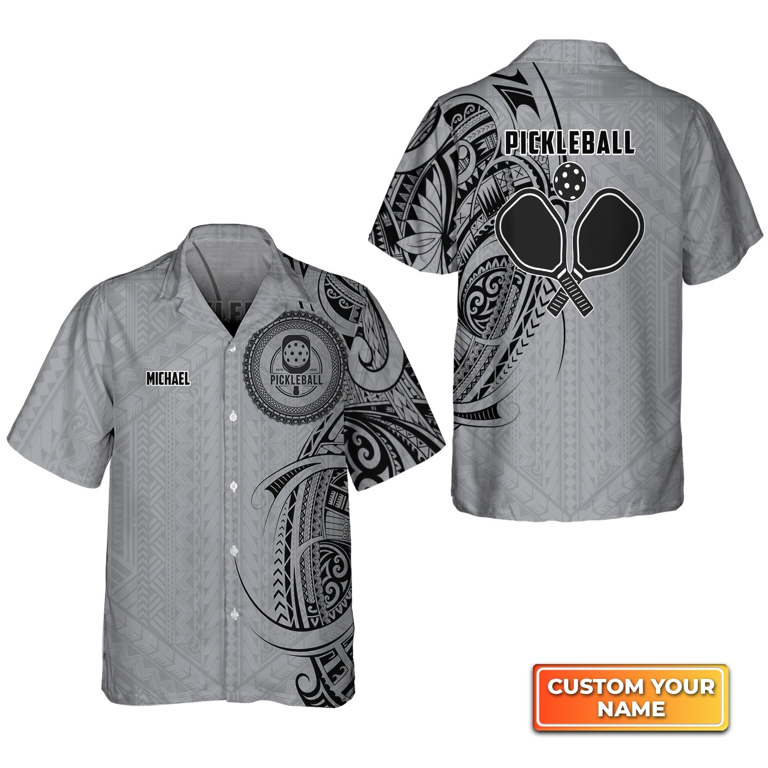 Strike Grey Tribal Tattoo Personalized Name 3D Hawaiian Shirt Gift For Pickleball Player