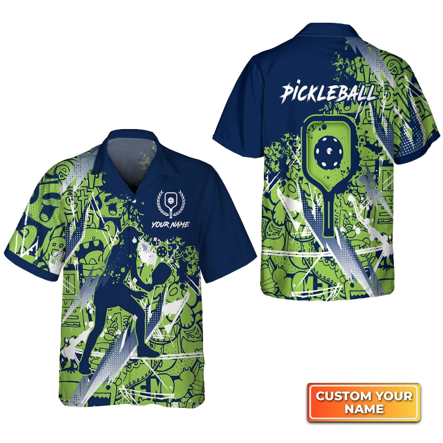 Pickleball - Scritch Woman Green Blue Pattern Personalized Name 3D Hawaiian Shirt Gift For Pickleball Player
