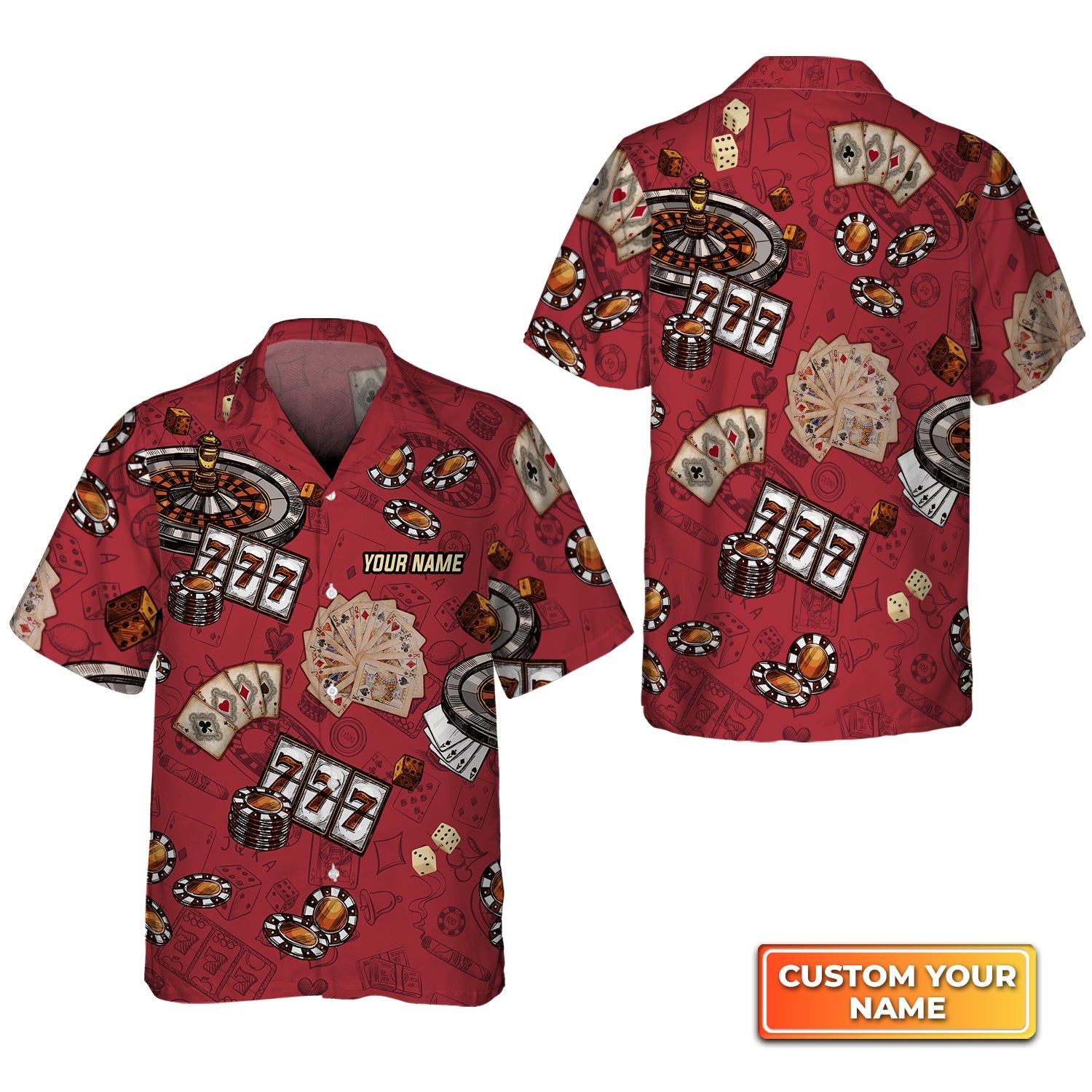Casino Pattern Red Personalized Name 3D Hawaiian Shirt For Poker Players