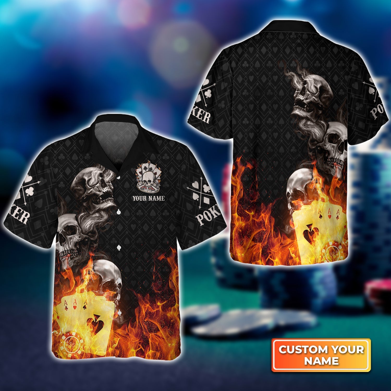 Poker Four Of A Kind Aces Skull On Fire Personalized Name 3D Hawaiian Shirt For Poker Players
