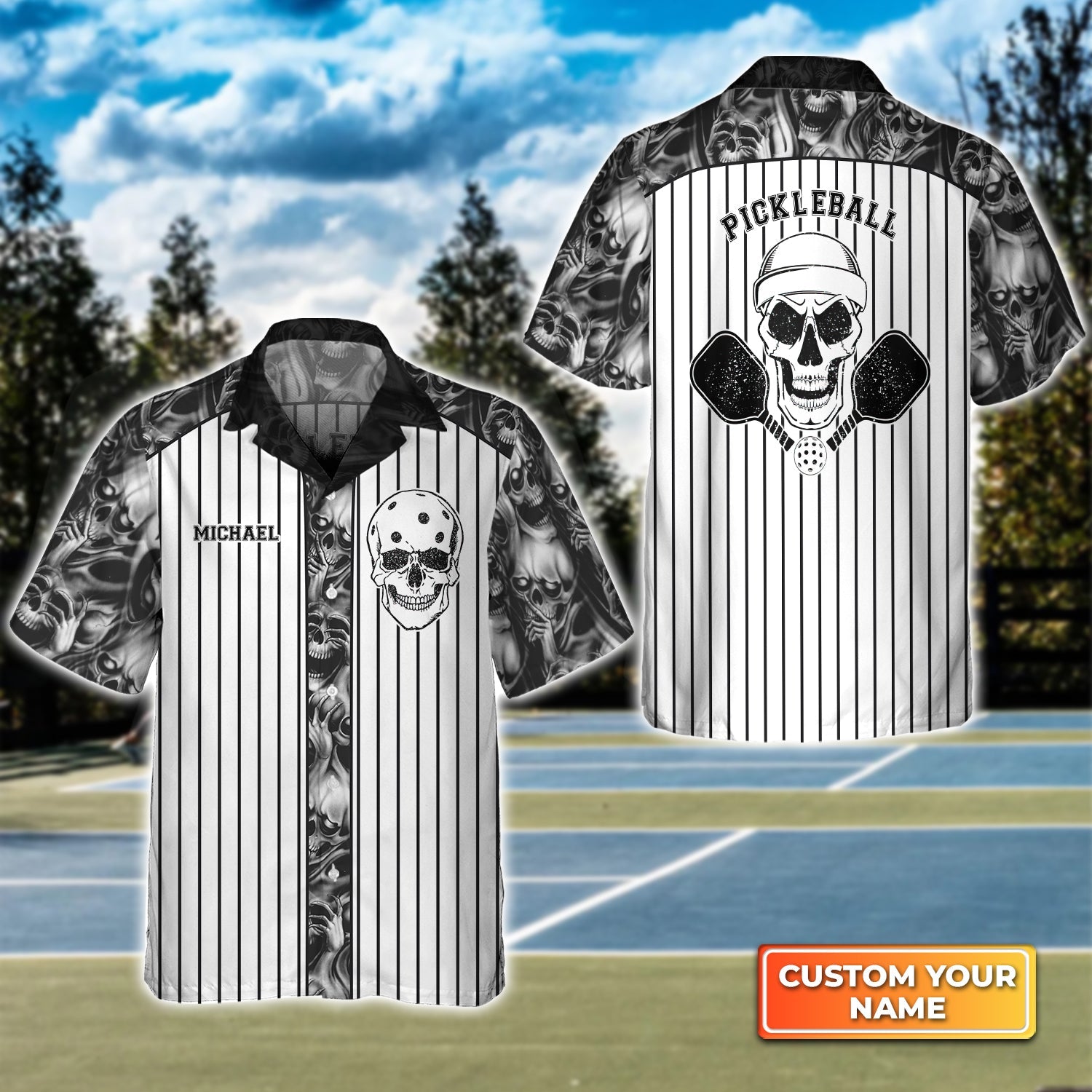 Skull Vertical Stripes Personalized Name 3D Hawaiian Shirt Gift For Pickleball Player