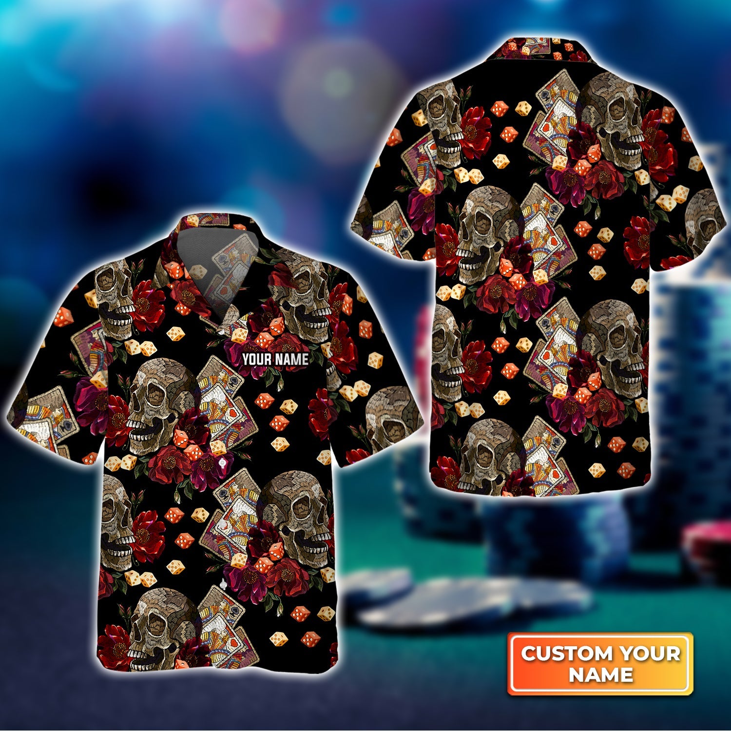 Casino Skull Colorful Personalized Name 3D Hawaiian Shirt For Poker Players