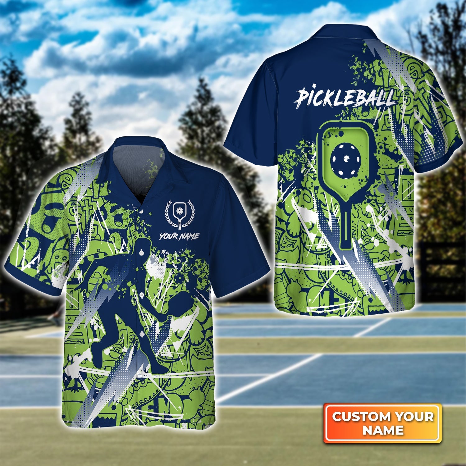 Pickleball - Scritch Man Green Blue Pattern Personalized Name 3D Hawaiian Shirt Gift For Pickleball Player