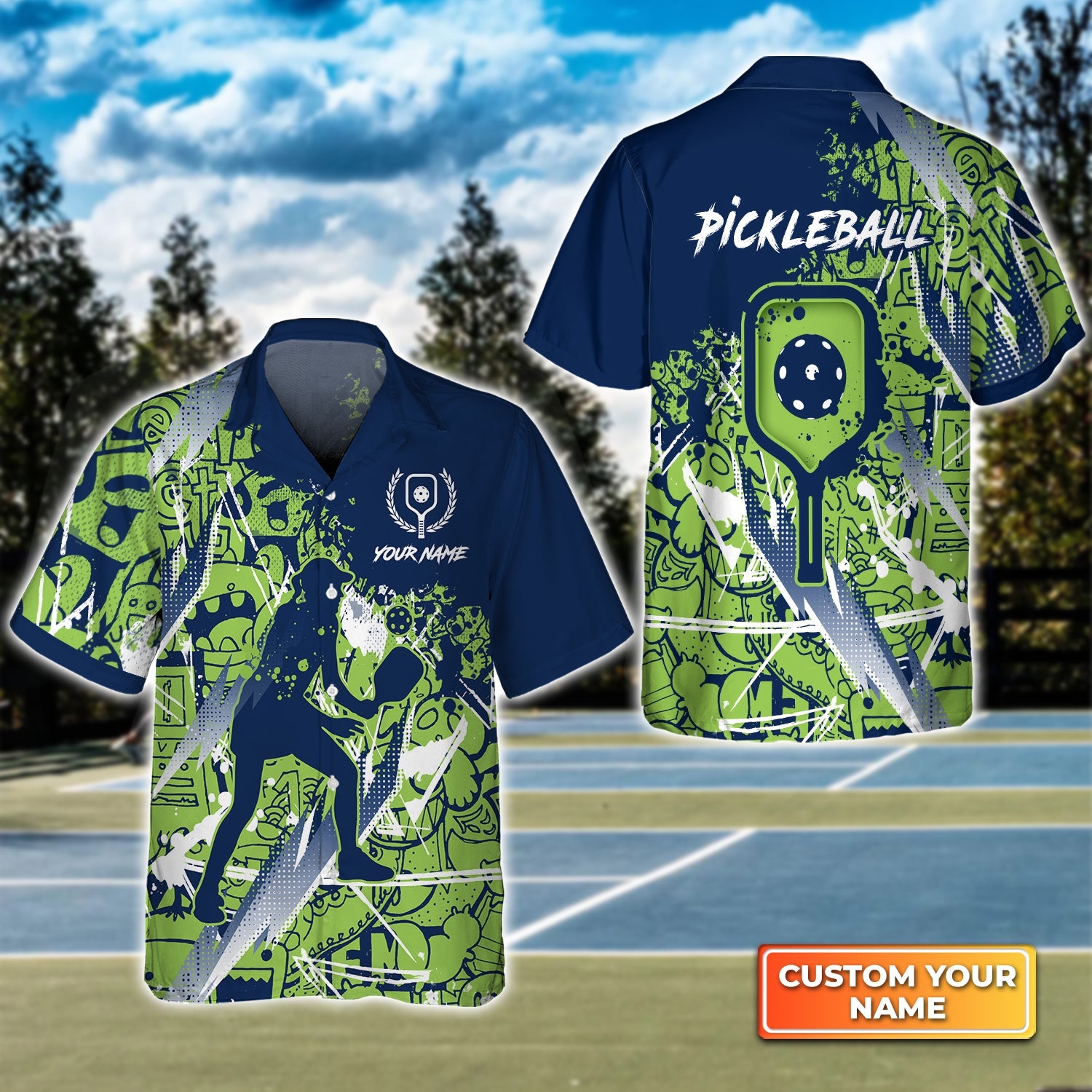 Pickleball - Scritch Woman Green Blue Pattern Personalized Name 3D Hawaiian Shirt Gift For Pickleball Player