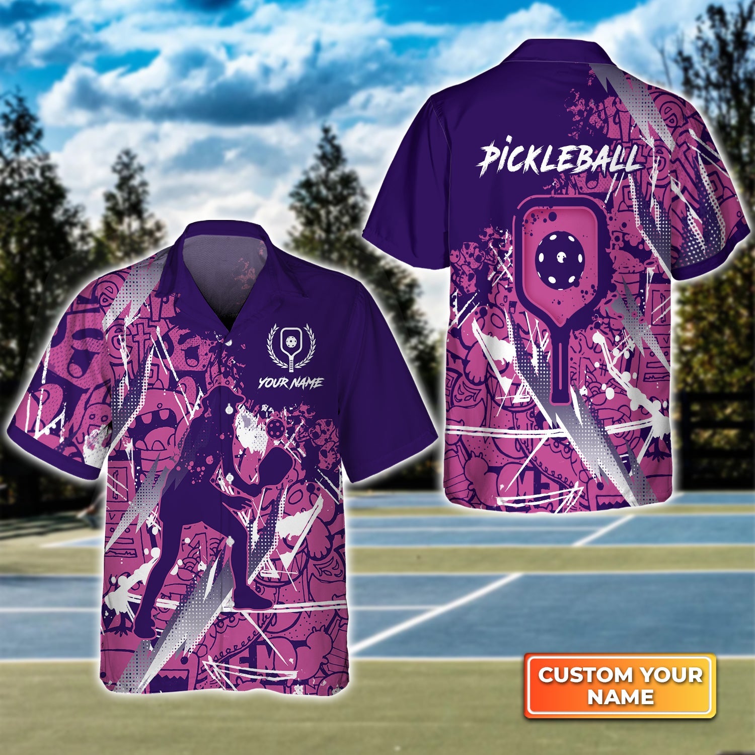 Pickleball Scritch Purple Pink Pattern Personalized Name 3D Hawaiian Shirt Gift For Pickleball Player