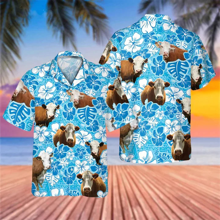 Hereford Blue Floral Hawaiian Shirt/ Cow Hawaii Shirt/ Cow Lovers Shirt For Men