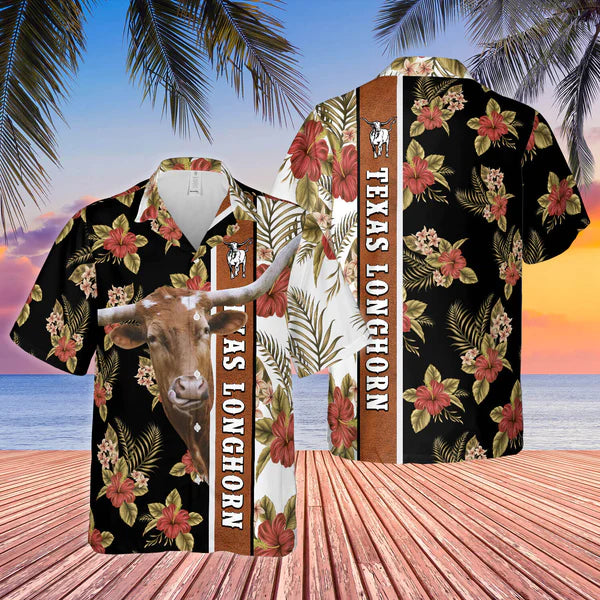 Hibiscus Flowers Texas Longhorn Cattle Brown Hawaiian Shirt/ Cow Hawaiian Shirt/ summer gifts for men and women