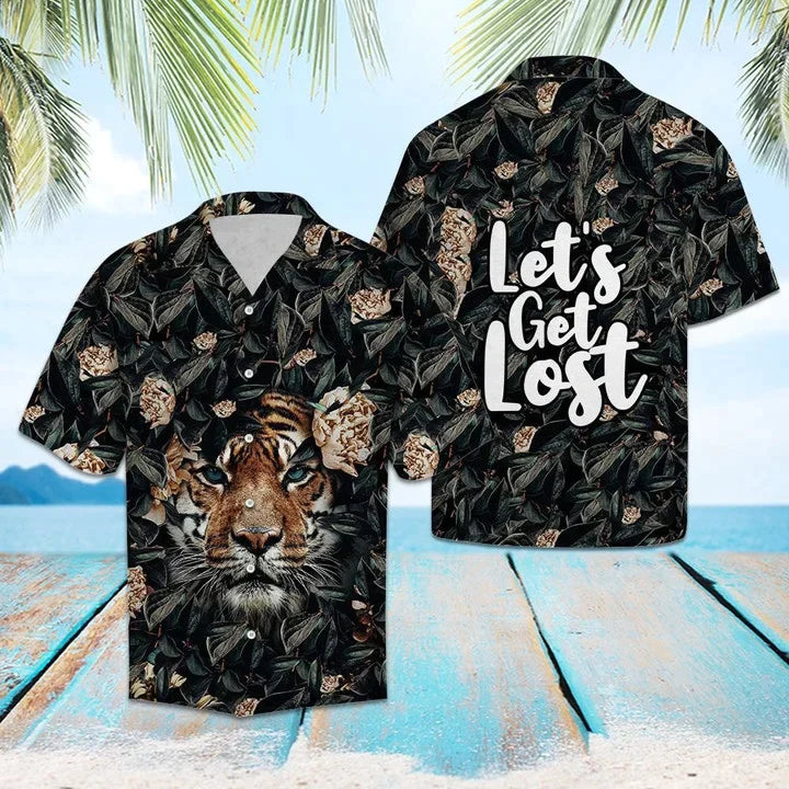 Hiding Tiger Let‘s Get Lost Tropical Hibiscus On Black Pattern Hawaiian Shirt