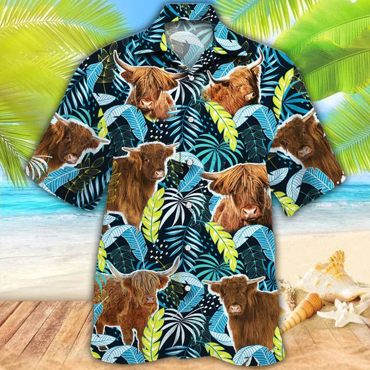 Highland Cattle Lovers Jungle Leaves Hawaiian Shirt/ Cow Flower aloha shirt/ Hawaiian shirt Men/ Women