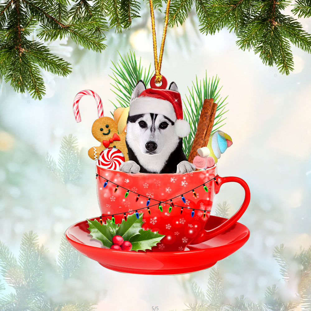 Husky 2 In Cup Merry Christmas Ornament Flat Acrylic Dog Ornament