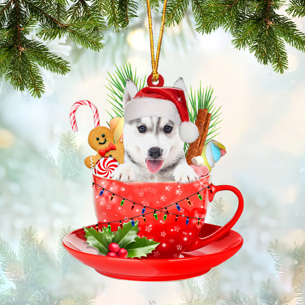 Husky In Cup Merry Christmas Ornament Flat Acrylic Dog Ornament