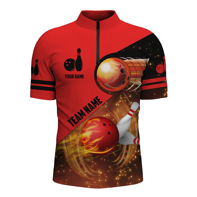 Men Quarter Zip Custom Red Flame Bowling Shirts For Men/ Bowling Team Quarter Zip Shirts Flaming Bowling Ball