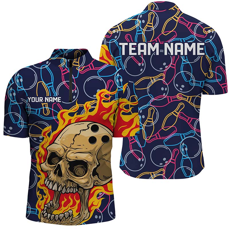 Custom Bowling Neon Pattern Shirts For Men And Women/ Skull Bowling Team Shirts Bowling Pin/
