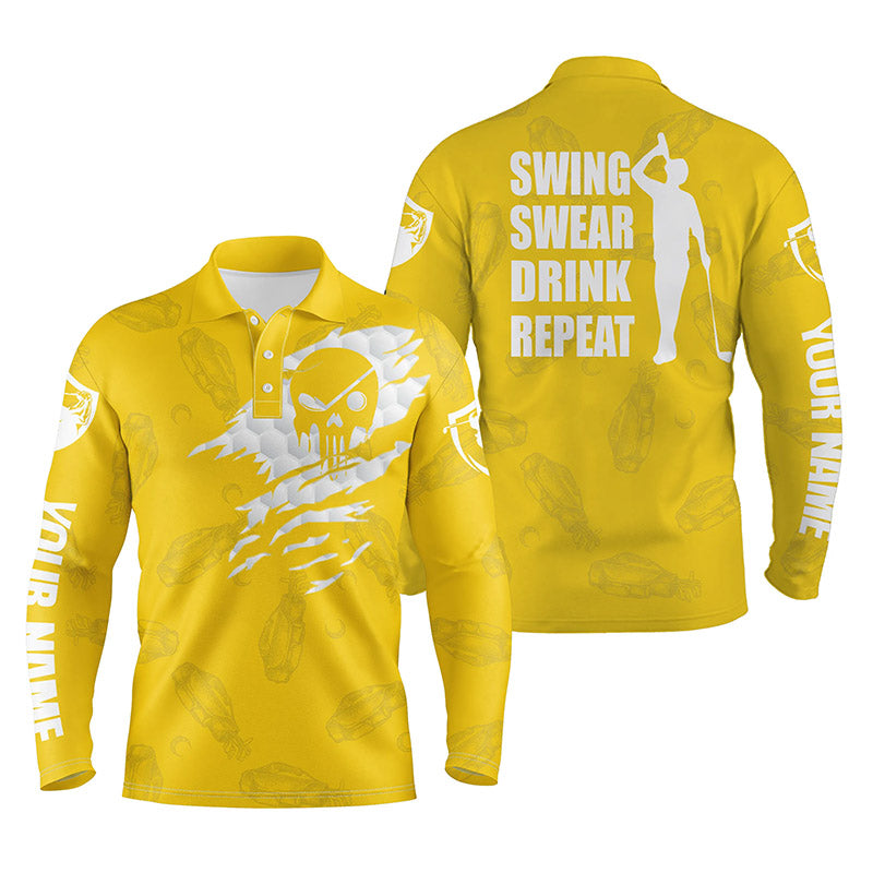 Mens Golf Long Sleeve Polo Shirt Swing Swear Drink Repeat Custom Name Black Golf Clubs Pattern Shirt
