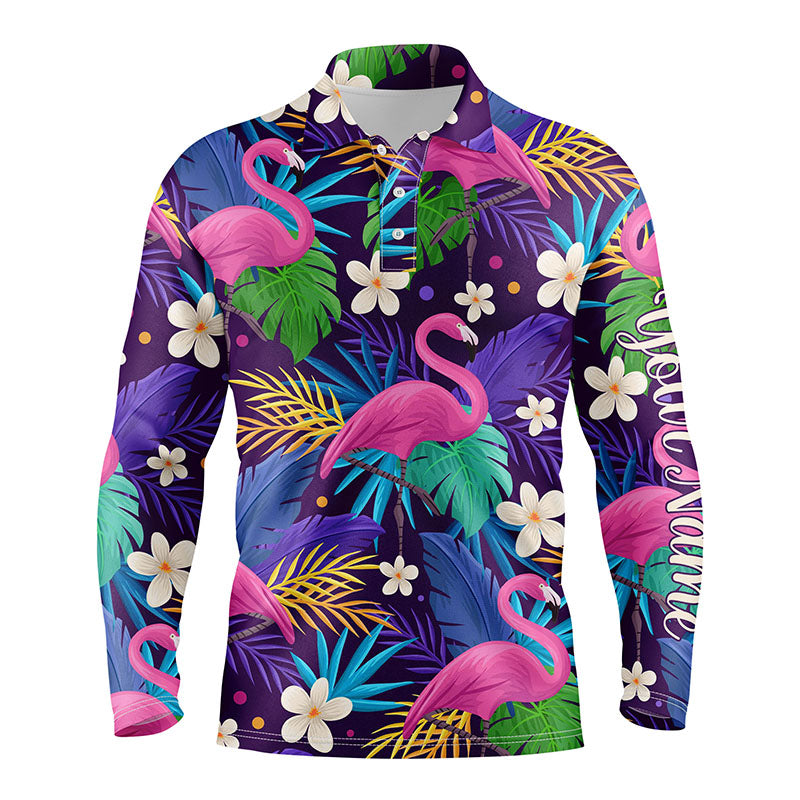 Men Golf Long Sleeve Polo Shirts Colorful Floral Flamingo Pattern Tropical Leaves Custom Team Golf Polo Shirts