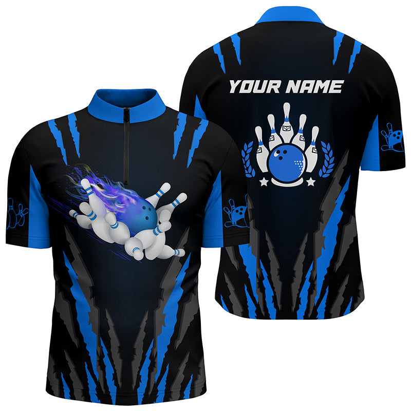 Bowling Quarter Zip Shirts For Men Custom Name Flame Bowling Ball And Pins Bowling Jerseys Blue